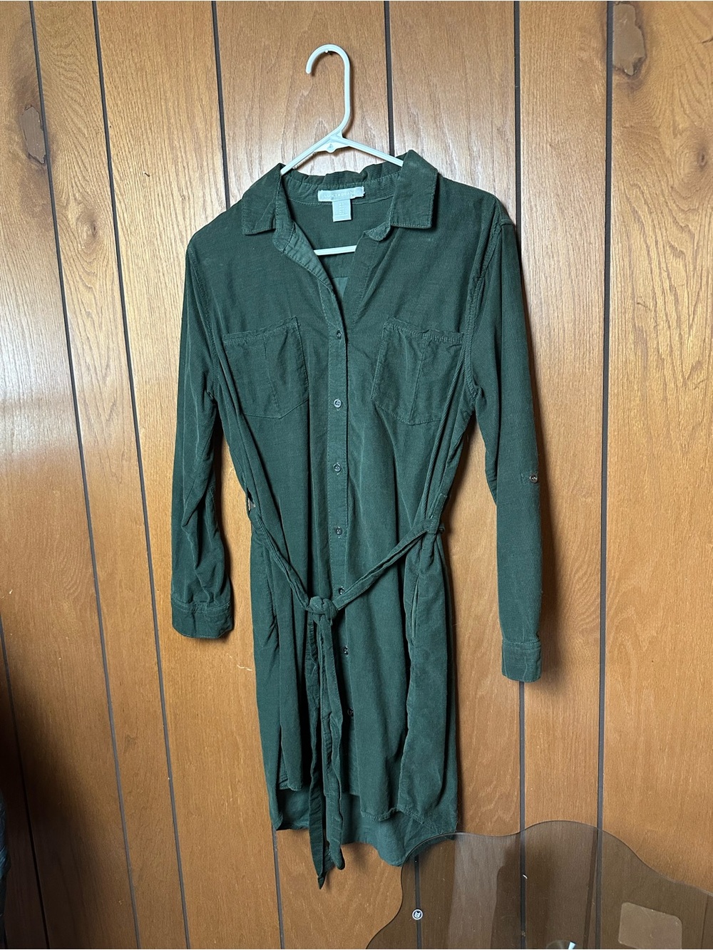 Lucky Brand Dark Green Button-Up Shirt Dress with Waist Tie w/ pockets